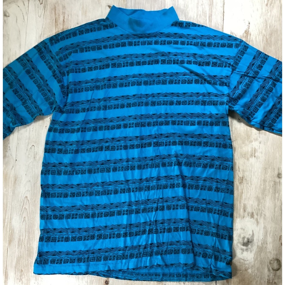 Vintage Jordache Standard Equipment Mens XL Blue Tribal Stripe Mock Neck Shirt